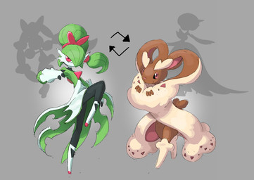 ambiguous_gender anthro big_ears black_body black_sclera brown_body brown_fur clothing directional_arrow duo ears_down eyebrows footwear fur green_body green_hair grey_background hair looking_at_viewer pink_eyes pink_nose pivoted_ears ponytail pseudo_clothing red_eyes simple_background smile standing tail tan_body tan_fur thick_eyebrows torn_clothing white_body white_clothing white_footwear izzzybopz nintendo pokemon gardevoir generation_3_pokemon generation_4_pokemon generation_6_pokemon humanoid lopunny mega_evolution mega_gardevoir mega_lopunny pokemon_(species) full-length_portrait portrait