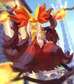 anthro black_body black_fur blurred_background breasts claws digitigrade female finger_claws fire fur inner_ear_fluff medium_breasts red_body red_fur snout solo toe_claws tuft white_body white_fur yellow_body yellow_fur purrynx queenpurr nintendo pokemon pokemon_legends_z-a generation_9_pokemon mega_delphox mega_evolution pokemon_(species) watermark