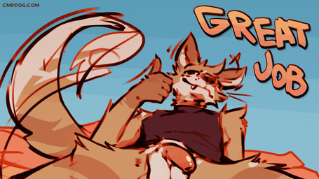 anthro balls biped bottomless bottomless_anthro bottomless_male brown_body brown_fur clothed clothing flaccid foreskin fur genitals gesture hand_gesture humanoid_genitalia humanoid_penis male male_anthro multicolored_body multicolored_fur penis pink_penis solo text thumbs_up unretracted_foreskin white_balls white_body white_fur lawyerdog cantio_(lawyerdog) canid canine canis coyote mammal 16:9 2026 digital_media_(artwork) english_text hi_res widescreen