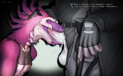 anthro armor balls belt bodily_fluids claws clothed clothing club_(weapon) dominant duo facial_piercing feathered_crest feathers fellatio femboy fingerless_gloves fluffy_balls genitals gloves handwear head_crest holding_head holding_melee_weapon holding_object holding_weapon humanoid_genitalia humanoid_penis kneeling_oral_position larger_dom lip_piercing looking_at_another male male/male melee_weapon musclegut muscular nightstick nipple_piercing nipples open_mouth oral penile penis penis_poking_out penis_through_fly piercing pink_body police police_officer police_uniform saliva saliva_on_penis saliva_on_tongue scales sex size_difference speech_bubble standing tears teeth text topwear uniform unzipped unzipped_pants vein veiny_penis weapon zipper essenza mozi_dakota razor_hess allosaurid allosauroid allosaurus dinosaur dromaeosaurid feathered_dinosaur feathered_scalie prehistoric_species reptile saurischian scalie theropod english_text hi_res