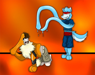 all_fours anthro barefoot biped black_markings bottomwear brown_hair cargo_pants clothed clothing duo feet fully_clothed fur goo_transformation hair human_to_feral male markings mid_transformation open_mouth orange_arms pants partial_transformation partially_clothed paws shirt simple_background species_transformation standing striped_markings stripes tail topless topwear transformation fox0808 nintendo pokemon arcanine canid canine canis generation_1_pokemon human mammal pokemon_(species) wolf 2010 colored