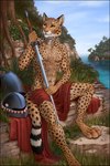 2021 2:3 4_toes 5_fingers anthro cheetah conditional_dnp day detailed_background enorach_(0laffson) feet felid feline fingers grass hi_res holding_melee_weapon holding_object holding_sword holding_weapon male mammal melee_weapon nude orange_eyes outside plant rock sitting sky smile sword titusw toes weapon whiskers