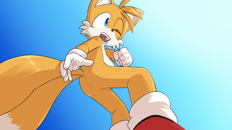 2_tails anthro bangs black_nose blue_eyes butt cheek_tuft chest_tuft clothing facial_tuft footwear fur gloves gradient_background handwear male multi_tail one_eye_closed open_mouth orange_body orange_fur shoes simple_background socks solo tail tan_body tan_fur teeth tuft young seen023hey sega sonic_the_hedgehog_(series) miles_prower canid canine fox mammal absurd_res hi_res