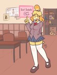 anthro bell bottomwear classroom clothing eyeliner female footwear gesture hand_gesture long_socks looking_at_viewer makeup pointing school school_uniform shirt skirt socks solo text topwear uniform white_clothing white_footwear white_socks mikifluffs animal_crossing doki_doki_literature_club! nintendo team_salvato isabelle_(animal_crossing) canid canine canis domestic_dog mammal full-length_portrait portrait