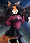 anthro black_hair bottomwear clothed clothing ear_piercing ear_ring female fur hair hand_on_hip orange_body orange_fur piercing ring_piercing skirt solo tail tail_under_skirt white_body white_fur dannyckoo exgalatine fate_(series) type-moon rin_tohsaka canid canine mammal artist_collaboration hi_res