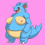 1:1 absurd_res anthro areola big_breasts blush breasts breasts_apart brown_eyes eyelashes female full-length_portrait generation_1_pokemon hi_res kewon long_eyelashes looking_at_viewer nidoqueen nintendo nipples open_mouth open_smile overweight overweight_anthro overweight_female pink_areola pink_background pink_nipples pokemon pokemon_(species) portrait simple_background slightly_chubby slightly_chubby_anthro slightly_chubby_female smile solo standing
