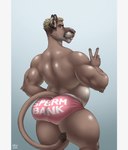 anthro back_muscles belly big_belly big_butt blue_eyes briefs brown_body brown_fur brown_hair butt claws clothing ear_piercing ear_ring feline_ears from_behind_position fur gesture hair hand_gesture hand_on_hip highlights_(coloring) inner_ear_fluff looking_at_viewer looking_back male musclegut muscular muscular_anthro muscular_male outline piercing pink_nose rear_view ring_piercing sex simple_background smile solo suggestive_underwear tail tail_tuft text text_on_clothing text_on_underwear thick_thighs touching_own_hip triceps tuft underwear v_sign wide_hips laew cougar felid feline mammal pantherine 2022 absurd_res digital_media_(artwork) english_text hi_res shaded signature