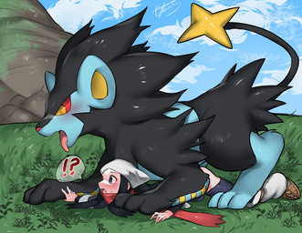 3_toes 5_fingers ambiguous_gender ambiguous_on_top arm_tuft biped black_body black_fur black_hair black_tail blue_body blue_ears blue_fur blush bottomwear bottomwear_down butt butt_tuft clothed clothing cloud crouching cute_fangs day detailed_background digitigrade duo fangs feet female female_on_feral feral feral_on_top fingers footwear fur glistening glistening_body glistening_fur grass grey_eyes hair head_tuft headgear headwear humanoid_hands interrobang interspecies kemono larger_ambiguous larger_feral leg_markings light_body light_skin long_hair looking_at_another lying markings monotone_hair mountain multicolored_body multicolored_fur multicolored_tail on_front on_top open_mouth outside pants pants_down partially_clothed pink_tongue pinned plant pokephilia pupils quadruped red_nose red_scarf red_sclera restrained scarf shoulder_tuft side_view size_difference sky smaller_human snout socks_(marking) speech_bubble tail teeth toes tongue tongue_out tuft two_tone_body two_tone_fur two_tone_tail white_clothing white_footwear yellow_eyes yellow_inner_ear yellow_pupils yellow_tail mochi_taichi nintendo pokemon akari_(pokemon) felid generation_4_pokemon human luxray mammal pantherine pokemon_(species) 2022 colored digital_media_(artwork) shaded signature