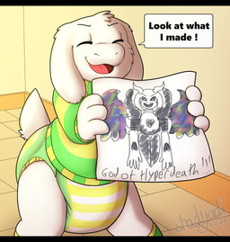 ambiguous_gender anthro clean_diaper clothed clothing dialogue diaper drawing_(object) eyes_closed floor floppy_ears footwear fur green_clothing green_footwear green_socks heart_symbol holding_drawing open_mouth open_smile pattern_clothing pattern_shirt pattern_topwear proud shirt smile socks solo speech_bubble striped_clothing striped_diaper striped_shirt striped_topwear stripes tail text three-quarter_view tile tile_floor topwear wearing_diaper white_body white_ears white_fur white_tail young shadyadi undertale undertale_(series) asriel_dreemurr asriel_dreemurr_(god_form) bovid caprine goat mammal monster 2026 artist_name hi_res letterbox portrait signature three-quarter_portrait