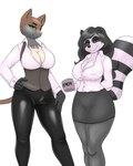 big_breasts bottomwear breasts cleavage clothed clothing duo female hair krana legwear looking_at_viewer miniskirt nipples office pantyhose skirt smile thick_thighs blackbetty franciene_(tango's_family) domestic_cat felid feline felis mammal procyonid raccoon 4:5 hi_res