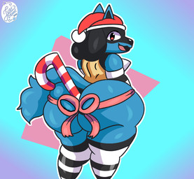 anthro big_butt blue_body butt candy candy_cane christmas_clothing christmas_headwear clothing dessert food fur hat headgear headwear holidays lingerie male santa_hat solo wear juki_zu christmas nintendo pokemon batesbaits canid canine generation_4_pokemon lucario mammal pokemon_(species) hi_res