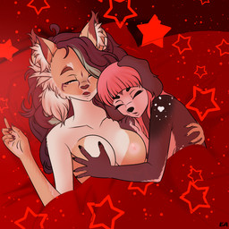 5_fingers anthro areola bangs bedroom bent_arm big_breasts black_eyebrows black_fingernails black_nails black_nose breast_grab breasts brown_eyebrows brown_hair brown_nose cheek_tuft collarbone colored_nails duo ear_tuft eyebrows eyelashes eyes_closed facial_tuft female female/female female_anthro fingernails fingers floppy_ears fur hair hand_on_back hand_on_breast head_on_pillow heart_(marking) holding_breast inner_ear_fluff inside light long_hair lop_ears markings multicolored_body multicolored_fur multicolored_hair nails nipples nude nude_female open_mouth pillow pink_areola pink_hair pink_nipples red_blanket red_pillow red_wall sleeping sleeping_together star_(shape) tan_body tan_fur tuft under_blanket wall_(structure) white_body white_fur white_inner_ear_fluff white_markings evilangel_art camilla_"millie"_fallant chloe_garland bird_dog canid canine canis cavalier_king_charles_spaniel domestic_dog felid feline hunting_dog lynx mammal spaniel toy_dog 2024 colored digital_drawing_(artwork) digital_media_(artwork) english_description hi_res lighting shaded signature