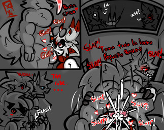 anthro ball_slap balls balls_on_face bed blush bodily_fluids cum cum_on_face duo furniture genital_fluids genitals knot_in_mouth leg_grab male male/male oral oral_penetration penetration poker_face public public_sex saliva saliva_on_tongue sex slap slapping_own_face slurping text window roder_vasquez nintendo pokemon folfie_winter inom_(roder_vasquez) louis_(roder_vasquez) lyan_(roder_vasquez) nissal_(roder_vazquez) zory_(roder_vasquez) canid canine canis generation_5_pokemon generation_7_pokemon hybrid lycanroc mammal midnight_lycanroc pokemon_(species) skulldog_(species) wolf zoroark spanish_text