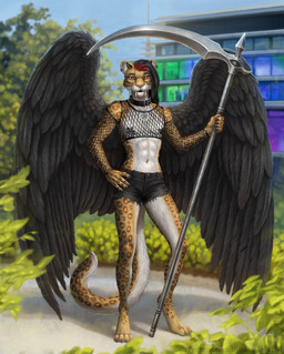 4_toes 5_fingers anthro armwear black_bottomwear black_claws black_clothing black_eyebrows black_hair black_hotpants black_pants black_shorts black_wings bottomwear brown_body brown_fur claws clothed clothing collar detailed_feathers digitigrade ear_piercing ear_ring eyebrows eyewear feathered_wings feathers feet fingers fishnet_armwear fishnet_clothing fishnet_shirt fishnet_topwear fur glasses hair hamburg_(city) holding_object holding_weapon horn hotpants jewelry long_tail looking_at_viewer male markings melee_weapon multicolored_hair navel navel_piercing necklace nipple_tape occult_symbol orange_eyes pants pasties pawpads paws pentacle pentacle_necklace piercing pink_nose polearm posing_for_picture pupils red_hair ring_piercing scythe shirt shorts sidecut slit_pupils solo spots spotted_body spotted_fur standing symbol tail tape toes topwear tuft two_tone_hair weapon white_body white_fur wings himeragoldtail ashnu felid mammal prehistoric_species saber-toothed_tiger 2026 detailed hi_res