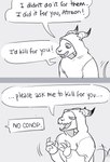 anthro bone clothing dialogue half-closed_eyes hoodie horn humor male narrowed_eyes open_mouth ribs skeleton skull skull_head smile solo speech_bubble tail tail_motion tailwag teeth text topwear conop-8888 2024 absurd_res comic digital_media_(artwork) english_text hi_res monochrome