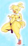 2018 5:8 anthro avian big_butt bird black_clothing black_panties black_underwear blonde_hair blue_eyes breasts butt camel_toe chicken clothed clothing clothing_pull ettie eyelashes female fifa galliform gallus_(genus) hair hi_res long_eyelashes naturally_censored navel nipple_tuft nipples non-mammal_breasts one_eye_closed open_mouth open_smile panties panty_pull partially_visible_vulva phasianid raised_clothing raised_shirt raised_topwear shirt smile solo sqoon thick_thighs thong topwear tuft underwear underwear_pull wink yellow_breasts yellow_nipples