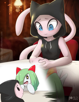anthro black_clothing blue_eyes clothing cunnilingus duo female female/female fur green_hair hair oral pink_body pink_fur sex sleeveless_hoodie tail under_table vaginal white_body rilex_lenov nintendo pokemon nadia_(rilex_lenov) yui_(rilex_lenov) generation_1_pokemon generation_3_pokemon kirlia legendary_pokemon mew_(pokemon) pokemon_(species) 2023 hi_res