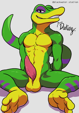 animal_genitalia anthro balls biped clenched_teeth erection feet foot_fetish genital_slit genitals glistening glistening_genitalia glistening_penis green_body green_tail half-closed_eyes male markings masturbation narrowed_eyes nude penis pink_penis smile smiling_at_viewer smirk smirking_at_viewer solo spread_legs spreading tail tapering_penis teeth text yellow_body yellow_skin blackwater.station gex_(series) gex_the_gecko gecko lizard reptile scalie absurd_res english_text hi_res