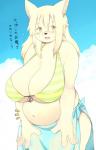 amber_eyes anthro belly big_breasts blush breasts cleavage clothed clothing embarrassed female front-tie_bikini fur huge_breasts kemono overweight overweight_anthro overweight_female skimpy skimpy_bikini skimpy_swimwear solo swimwear tan_body tan_fur text under_boob akitaka canid canine mammal 2017 japanese_text translation_request