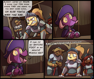 anthro armor clothing cuff_(restraint) dialogue female hair handcuffs hat headgear headwear helmet horn knight male metal_cuffs restraints shackles text warrior weapon potoobrigham amelia_steelheart korima canid canine canis domestic_dog kobold mammal reptile scalie 2018 comic english_text hi_res