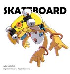 anthro appmon_(species) bandai_namco blue_eyes digimon digimon_(species) ear_hands electronics english_text fur headphones male musimon op7804620 orange_body orange_fur skateboard skateboarding solo text vehicle