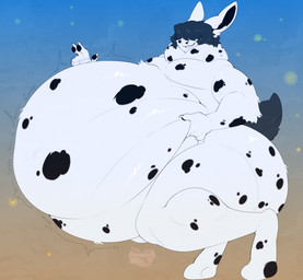 abdominal_bulge after_vore anthro bangs belly belly_grab big_belly big_butt black_body black_fur black_pawpads black_spots butt claws fur gesture grey_hair hair hand_gesture hand_on_own_belly huge_belly huge_butt huge_thighs hyper hyper_belly hyper_butt hyper_thighs male markings motion_lines neck_tuft nude overweight pawpads rumbling_stomach simple_background smile solo spots spotted_body spotted_fur spotted_markings standing thick_thighs tuft v_sign vore white_body white_claws white_fur nuhichpukich lagomorph leporid mammal rabbit flat_colors full-length_portrait hi_res portrait