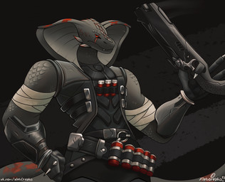 anthro armor black_body black_scales grey_body gun leather leather_armor male muscular ranged_weapon red_eyes red_spots scales shotgun simple_background snake_hood solo spots standing text weapon xleb0rezka reptile scalie snake digital_media_(artwork) hi_res url