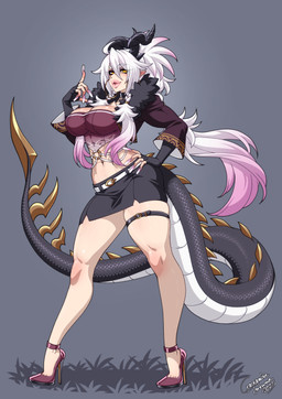 big_breasts bottomwear breasts clothing colored_nails crop_top ear_piercing ear_ring female footwear hair hand_on_hip high_heels hoop_ear_ring horn humanoid_pointy_ears long_nails midriff miniskirt multicolored_hair nails navel piercing pink_hair pointy_ears ring_piercing shirt shoes skirt solo tail topwear white_hair yellow_eyes crescentia_fortuna deathblight mythology animal_humanoid dragon dragon_humanoid humanoid mythological_creature mythological_scalie scalie 2025 dated hi_res signature