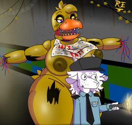 anthro beak big_breasts big_female bow_tie breasts duo female flashlight fur larger_sub machine male male/female night_guard nipples non-mammal_nipples size_difference smaller_male submissive teeth thick_thighs toothed_beak white_body white_fur wire yellow_body raul_maduro five_nights_at_freddy's five_nights_at_freddy's_2 scottgames raul_maduro_(mick_aokiji) withered_chica_(fnaf) animatronic avian bird bovid caprine chicken galliform goat mammal phasianid robot digital_media_(artwork) hi_res