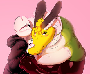 1_eye anthro anthro_on_anthro armwear black_latex clothing dewlap_(anatomy) dress duo elbow_gloves female female/female female_anthro fur gloves green_body handwear hoodie latex latex_armwear latex_clothing latex_dress latex_elbow_gloves latex_gloves latex_handwear petting petting_muzzle pink_background plant simple_background thick_neck topwear whiskers white_body yellow_body entitycore mythology entity_(entitycore) snaps_(entitycore) dragon elemental_creature flora_fauna furred_dragon furred_scalie lizard mythological_creature mythological_scalie plant_dragon reptile scalie male_(lore) nonbinary_(lore)