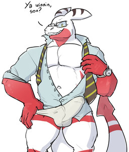 5_fingers accessory anthro balls_outline biped briefs bulge clock clothed clothing detailed_bulge dialogue erection erection_under_clothing eyewear fingers front_view genital_outline glasses looking_at_viewer male mature_anthro mature_male multicolored_body musclegut muscular muscular_anthro muscular_male naughty_face navel necktie open_clothing open_shirt open_topwear pecs penis_outline pupils red_body sharp_teeth shirt simple_background slit_pupils solo spade_tail tail talking_to_viewer teeth text tighty_whities topwear two_tone_body underwear undressing watch white_background white_body white_briefs white_clothing white_underwear yellow_eyes yellowdog dovak demon scalie 2020 digital_media_(artwork) english_text flat_colors hi_res meme shaded