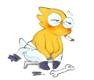 anthro big_breasts blush bodily_fluids breasts clothing exposed_breasts eyewear female freckles glasses jumpsuit jumpsuit_down lit_cigarette non-mammal_breasts oil simple_background smoking solo sweat tired tired_eyes tools white_background wrench yellow_body noogatdelight_(artist) undertale_(series) alphys reptile scalie 2024 colored digital_drawing_(artwork) digital_media_(artwork) hi_res