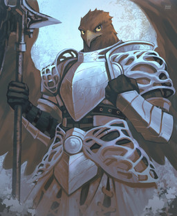 anthro armor beak feathers halberd male melee_weapon polearm solo weapon wings augoose_cong elden_ring elden_ring_nightreign fromsoftware guardian_(nightreign) absurd_res digital_media_(artwork) digital_painting_(artwork) hi_res painting_(artwork)
