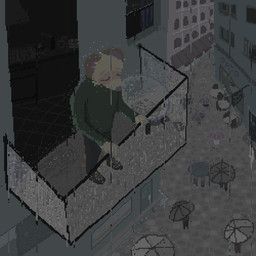 anthro balcony bleak_ambiance bottomwear brown_body brown_clothing brown_footwear brown_fur brown_shoes city clothing detailed_background door eyes_closed footwear fur green_clothing green_shirt green_topwear grey_bottomwear grey_clothing grey_pants male pants raining shirt shoes solo topwear town demensa mammal 1:1 2019 digital_media_(artwork) pixel_(artwork)