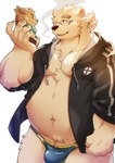 anthro belly blue_clothing blue_speedo blue_swimwear bulge cigarette cigarette_in_mouth clothing eyewear fur glasses hair jacket male musclegut muscular navel object_in_mouth pecs plushie ponytail smoking solo speedo swimwear topwear white_body white_fur junxiong_0814 lifewonders tokyo_afterschool_summoners cu_sith_(tas) leib_(tas) bear mammal polar_bear ursine absurd_res hi_res