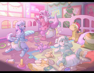 abdl accessory alternative_fashion ambiguous_gender anthro baby_bottle baby_powder baby_toys black_bars blue_body blue_eyes blue_fur blush blush_lines blushy bodily_fluids booties bottomwear bow_ribbon christmas_clothing christmas_decorations christmas_headwear christmas_lights christmas_ornament christmas_tree clothed clothing collar crossdressing crossdressing_male daycare deco_lolita decora_(fashion) diaper dress drooling feces female femboy fur green_body green_eyes green_fur group hair_accessory hair_bow hair_ribbon handwear hat headgear headwear holidays j-fashion lolita_(fashion) male mitten_hands mittens ornament pants pillow pink_body pink_fur plant playmat playpen plushie pooping purple_eyes ribbons saliva saliva_string santa_hat shirt soiled_diaper soiling soiling_diaper sprinkles sprinkles_in_hair sprinkles_on_tail sucking sweet_lolita thumb_suck toddler tongue tongue_out topwear toy tree trio unclean_diaper used_diaper using_diaper wearing_diaper wetness_indicator young bubblepuppers christmas katiepup lacie_(arimitama) mint_(thefurryboat) canid canine hybrid mammal mustelid otter river_otter absurd_res hi_res huge_filesize letterbox nonbinary_(lore) trans_(lore) trans_woman_(lore)