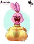 aged_up anthro big_breasts breasts clothed clothing female open_mouth simple_background solo cocothezebra komdog cartoon_network chowder_(series) panini_(chowder) lagomorph leporid mammal rabbit 2016 digital_media_(artwork) hi_res