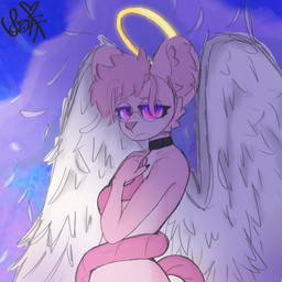 anthro back_wings choker cloud eyewear feathered_wings feathers femboy fur glasses hair halo jewelry looking_at_viewer male multicolored_body necklace outside pink_body pink_eyes pink_fur pink_hair pink_tail solo standing tail two_tone_body wearing_glasses white_wings wings scotthzz scott_(scotthzz) mammal mouse murid murine rodent 1:1 hi_res