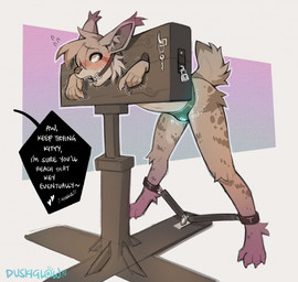 ambiguous_gender ankle_cuffs ankles_tied anthro blush blush_lines bound brown_body brown_fur chastity_belt chastity_device chastity_key cuff_(restraint) fur gag key lock_symbol long_duration_stimulation metal_chastity_belt offscreen_character restraints ring_gag sex_toy shaking simple_background slim_ambiguous slim_anthro slim_sub speech_bubble spread_legs spreading stocks text unchastity vibrator vibrator_on_chastity_device wearing_chastity_belt wearing_chastity_device duskiglow felid feline lynx mammal english_text hi_res