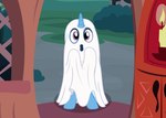 ambiguous_gender blue_body blue_fur clothing costume door doorway feral fur ghost_costume horn purple_eyes solo spoopy badumsquish friendship_is_magic hasbro my_little_pony mythology trixie_(mlp) equid equine mammal mythological_creature mythological_equine unicorn digital_media_(artwork) hi_res