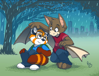 anthro barefoot blue_bottomwear blue_clothing blue_pants blue_shirt blue_t-shirt blue_topwear bottomwear brown_body brown_fur clothed clothing duo eyewear feet fur glasses grass logo male male_anthro markings membrane_(anatomy) membranous_wings mouth_closed orange_body orange_fur pants plant raining red_clothing red_shirt red_t-shirt red_topwear shirt striped_markings striped_tail stripes t-shirt tail tail_markings tan_wings topwear tree white_body white_fur wings young young_anthro young_male pandapaco pablo_(pandapaco) ailurid bat mammal red_panda artist_logo signature