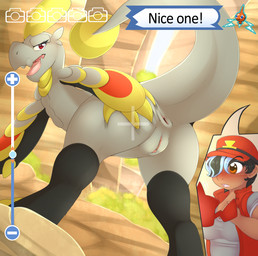 anus bent_over black_hair blue_hair blush camera_view cutaway day duo female feral genitals gui hair inviting looking_at_viewer orange_eyes outside pokedex presenting presenting_anus raised_tail rear_view red_eyes solo_focus tail text vulva camychan nintendo poke_finder pokemon pokemon_trainer generation_4_pokemon generation_7_pokemon hakamo-o human mammal pokemon_(species) reptile rotom rotom_pokedex scalie 2016 digital_media_(artwork) english_text hi_res