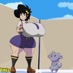 anthro big_breasts big_butt bottomwear breasts butt clothing duo female footwear grey_body huge_breasts huge_butt male necktie pokeball purple_eyes shirt shoes shorts socks thick_thighs topwear kuge nintendo pokemon piku_(kuge) espurr generation_6_pokemon human mammal pokemon_(species) 1:1 hi_res