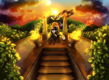 altar anthro chair detailed_background female fire furniture lava looking_at_viewer nude sitting solo sunset tail tail_tuft throne tuft volcano tsarinart mythology dragon mythological_creature mythological_scalie scalie hi_res