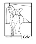 anthro eyebrows fur harness harness_only holding_object humanoid_hands male navel pecs raised_tail snout solo standing sun tail kestral_(artist) canid canine mammal 2001 black_and_white character_name monochrome