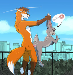 anthro bent_over bodily_fluids butt duo erection feet female female_penetrated fingers from_behind_position fur genital_fluids genitals grey_body holding_both_ears holding_object holding_paper holding_writing_utensil interspecies larger_male looking_back male male/female male_penetrating male_penetrating_female nude open_mouth outdoor_nudity outside outside_sex paper penetration penile penile_penetration penis predator/prey sex size_difference smaller_female smaller_penetrated standing standing_sex sweat sweatdrop tail toes vaginal vaginal_penetration vulva writing_utensil zafara_(artist) disney zootopia judy_hopps canid canine european_rabbit fox lagomorph leporid mammal oryctolagus rabbit digital_media_(artwork) hi_res