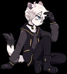 5_fingers anthro black_nose blue_eyes boots clothed clothing collar eyebrows fingers footwear fur gloves hair handwear male mouth_closed pose pupils shoes sitting solo tail white_body white_fur white_hair white_sclera flavia-elric felid feline mammal 2019 animated digital_media_(artwork) low_res thumbnail