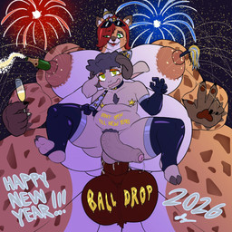 alcohol ambiguous_fluids anal anal_penetration anthro areola armwear balls belly beverage big_areola big_balls bodily_fluids breasts champagne chest_tuft clothing cloven_hooves dripping duo elbow_gloves femboy fireworks foreskin genital_fluids genitals gesture gloves green_eyes gynomorph hand_gesture handwear hooves humanoid_genitalia humanoid_penis intersex intersex/male lactating male male_penetrated musclegut muscular muscular_intersex nipple_fetish nipple_penetration nipple_play nipples nude pasties penetration penis precum precum_drip pubes size_difference toeless_legwear tuft v_sign softschwarz new_year_2026 becca_(softschwarz) bovid caprine cheetah felid feline hybrid hyena mammal sheep 1:1 hi_res
