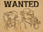 anthro claws clothed clothing cowboy_hat duo ears_back female finger_claws grin gun hat headgear headwear holding_gun holding_object holding_ranged_weapon holding_weapon male narrowed_eyes pivoted_ears ranged_weapon shocked simple_background smile wanted_poster weapon wide_eyed rufciu canid canine mammal monochrome