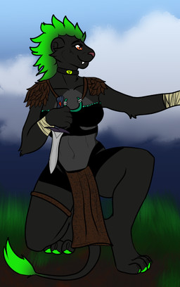 anthro armor biohazard_symbol choker dagger female fighting_pose green_hair hair hazard_symbol jewelry melee_weapon mohawk necklace pawpads paws pose solo symbol weapon plonar kianyx felid lion mammal pantherine